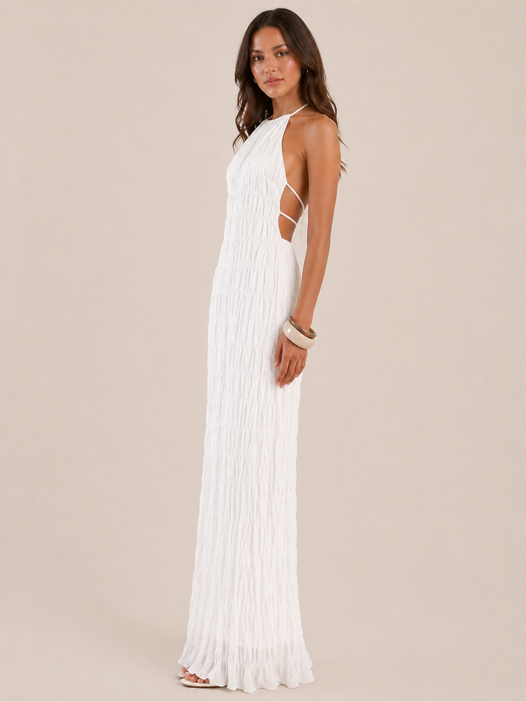 Moreno Blanc Crinkle Halter Gown