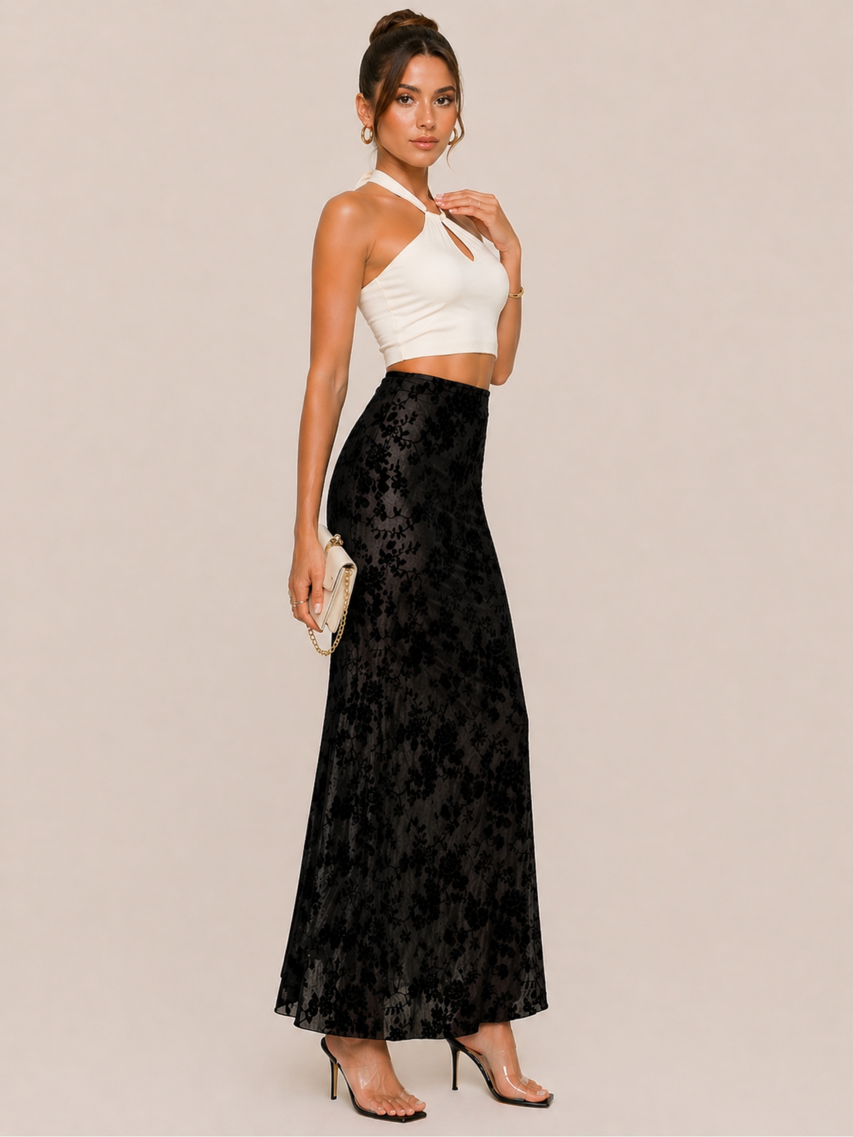 Moreno Noir Velvet Floral Maxi Skirt
