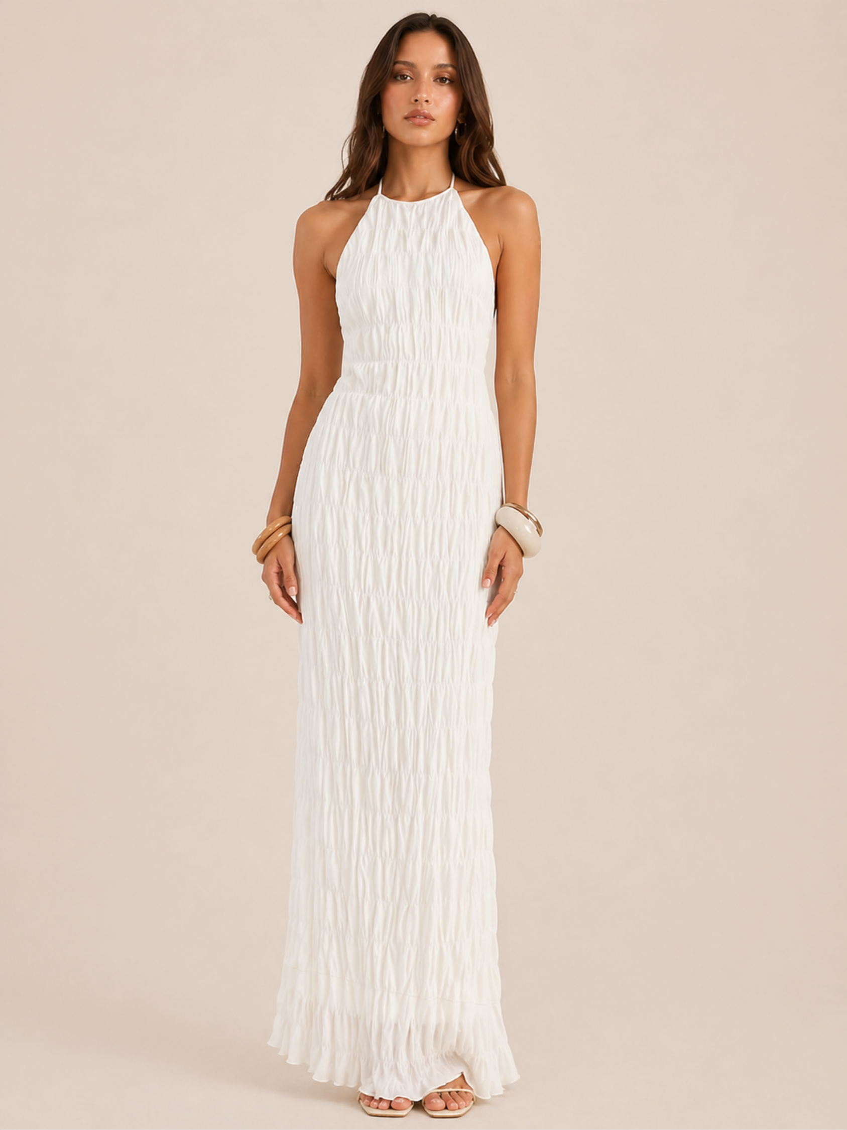Moreno Blanc Crinkle Halter Gown