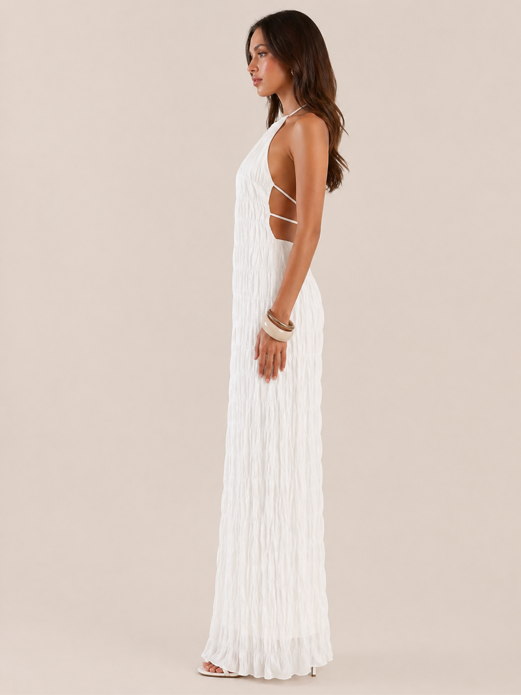 Moreno Blanc Crinkle Halter Gown