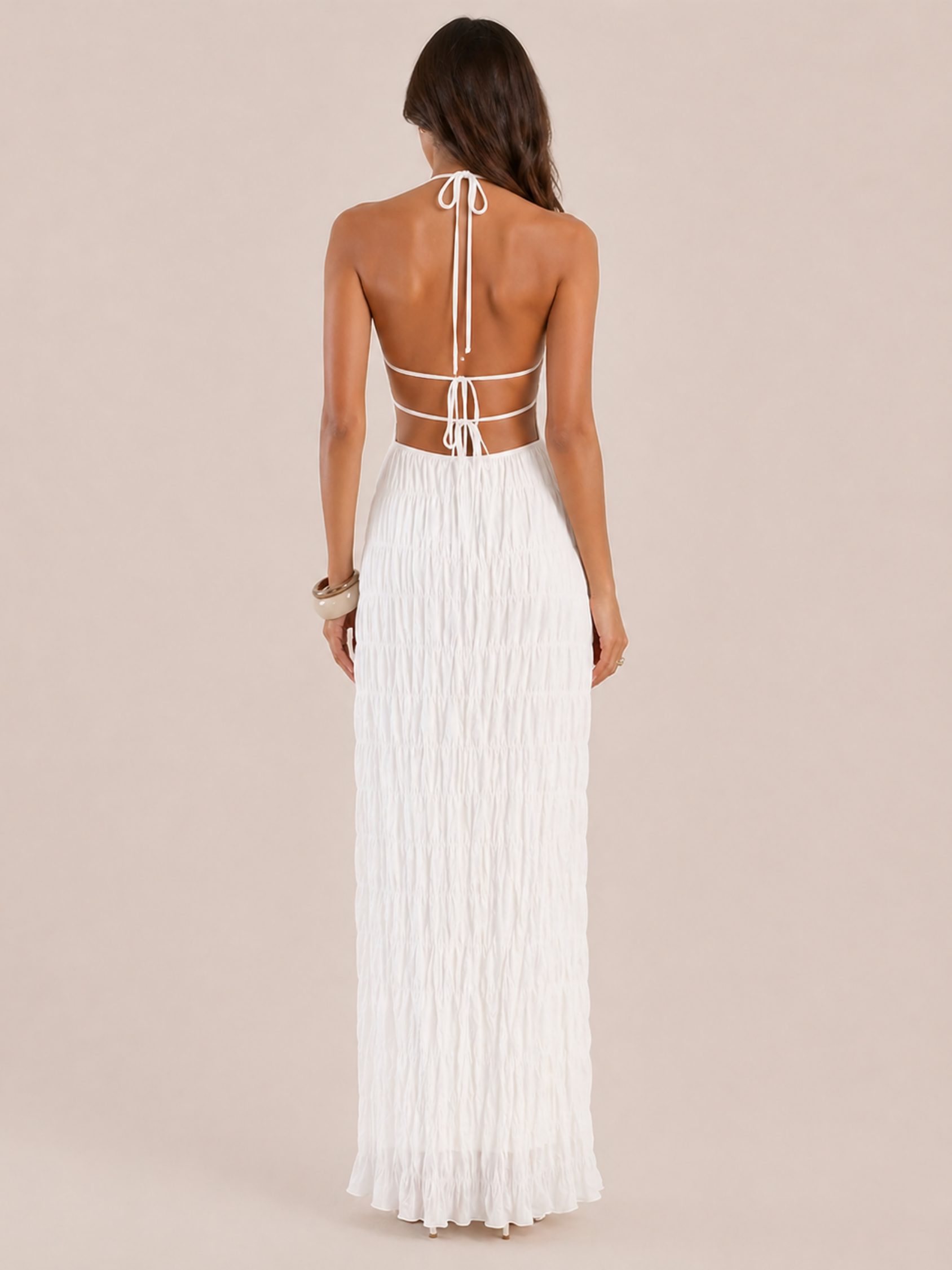 Moreno Blanc Crinkle Halter Gown